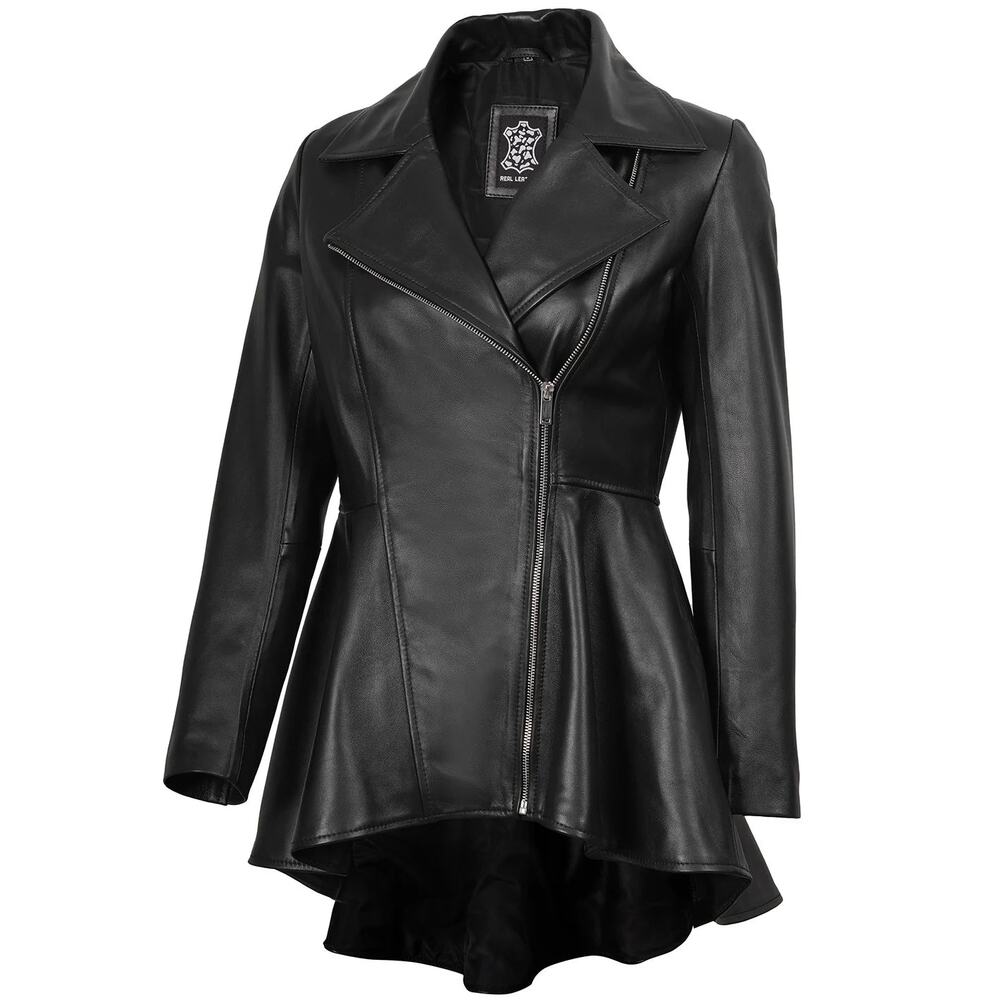 Decrum Genuine Leather Jacket - Clarissa Womens Black Asymmetrical Peplum - L